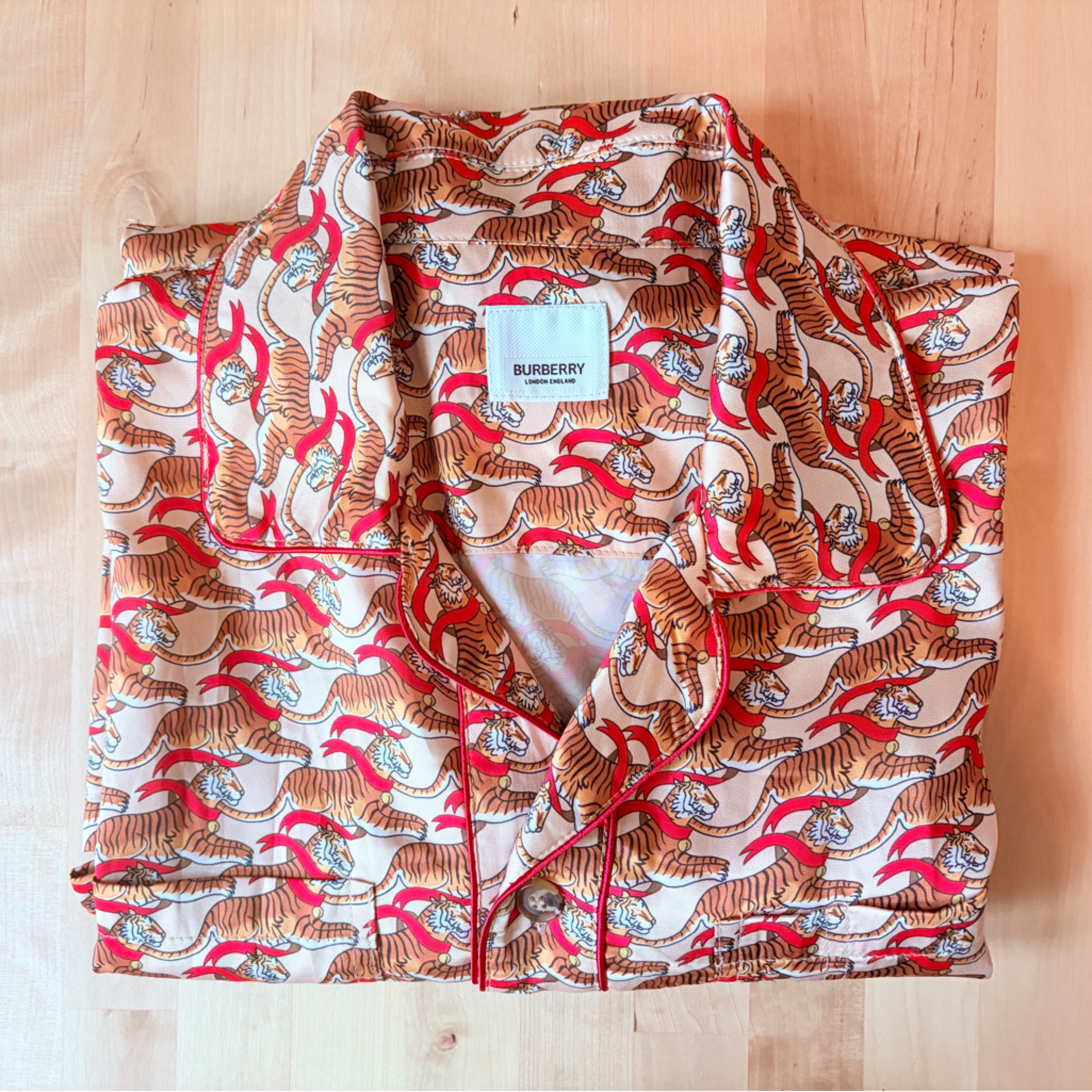 Burberry Silk Tiger-Print Lunar New Year 2022 Shirt In Red, Tan & Cream, Rare